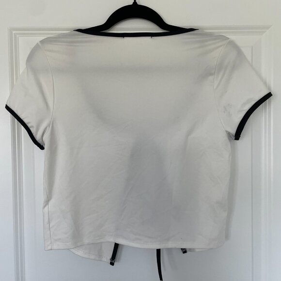 Gaze Black & White Double Tie Crop Top – Size Large, Striped Front-Tie Blouse - Picture 3 of 8